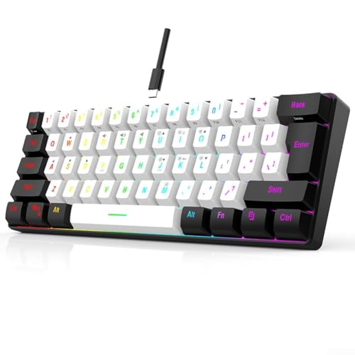 Zilimontt Teclado para juegos RGB con cable, mini teclado de 61 teclas, 7 efectos de iluminación diseñados para jugadores de PC, laptop (blanco)