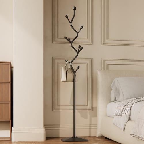 ZHBHYZ Tree-shaped coat rack stand,Metal coat tree with 8 Hooks and sturdy cast iron base,Heavy Duty coat rack freestanding coat hanger stand for Clothes Hats Scarfs Purses (black)