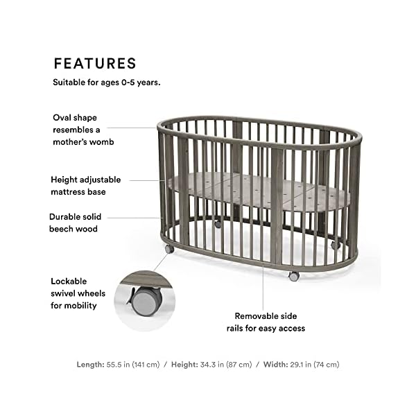 Stokke sleepi bed hazy grey oval crib suitable for ages 0 5 years old adjustable stylish flexible sturdy beech wood frame  urban country home decor