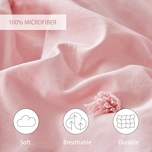 Flymme Light Pink Comforter Set Queen 3 Pieces, Soft Lightweight Pink Pom Pom Microfiber Bedding Sets For All Season, Boho Shabby Chic Queen Size Comforter Sets For Girls, 90'' X 90'' #TOP2