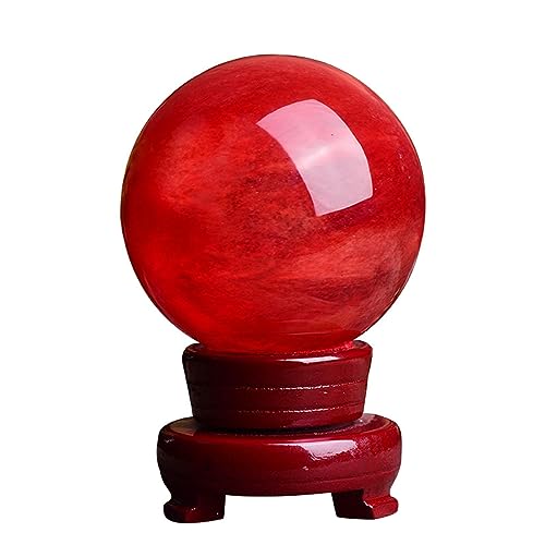 Red Crystal Ball,Polished Divination Ball Decorative Sphere with Wood Stand Crystals Ball Stone for, Witchcraft Halloween,Home D