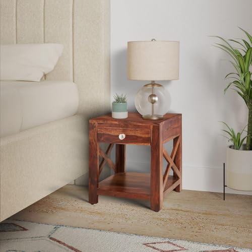 Image of Amazon Brand - Solimo Finzi Solid Sheesham Wood Bedside Table with 1 Drawer and 1 Shelf for Home (Natural Finish)