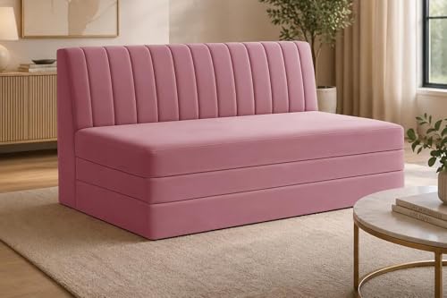 Image of Modern Velvet 3-Seater Sofa Cum Bed, Convertible Sleeper Couch Sofa for Living Room, Bedroom & Office - Rose Pink Color