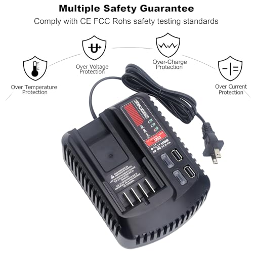 Image of V20 Battery Fast Charger CMCB104 Replacement for Craftsman V20 20V max Lithium Battery Charger for CMCB201 CMCB202 CMCB204 CMCB205 CMCB206, with 2 USB Ports