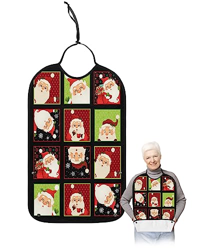 Christmas Santa Claus Adult Bib for Adults Men, Women, Washable & Adjustable Terry Cloth Bib with Crumb Catcher Reusable Waterproof Clothing Clothes Protector Apron Red Black Patchwork Plaid