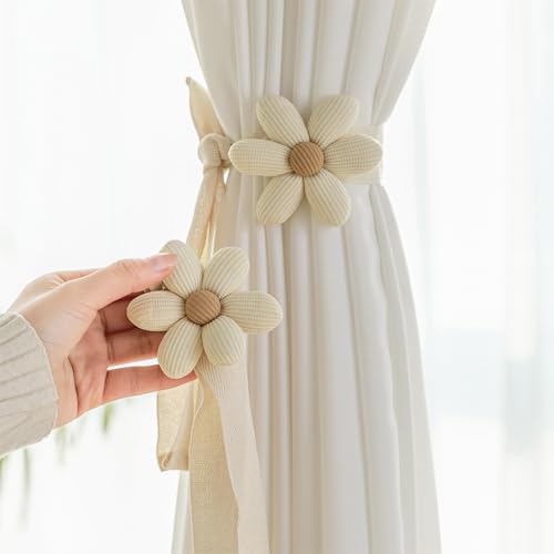 Image of HASTHIP 2Pcs Floral Curtain Tie Backs, Decorative Flower-Shaped Charm Holder Tiebacks with Ribbon, Drape Cute Fresh Style Curtain Accessories for Home Decoration