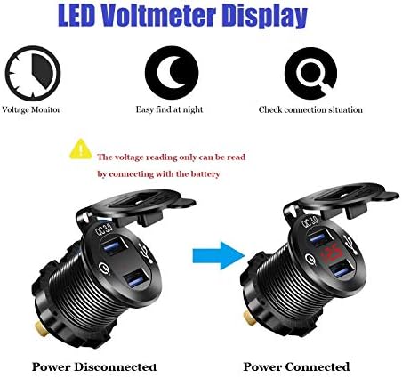 Quick Charge 3.0 USB Charger Socket Dual USB Car Power Outlet Waterproof Marine Cigarette Lighter Adapter 36W Fast Charge with LED Voltmeter for 12V/24V Boat Motorcycle ATV Bus Truck (Black)