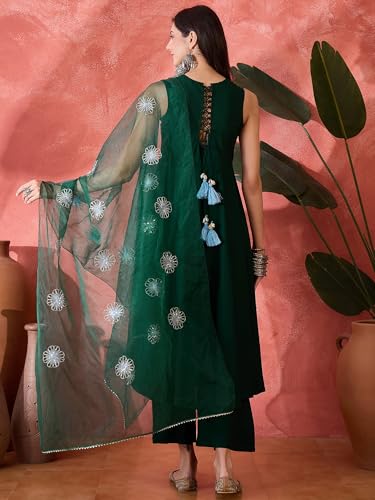 Image of Stylum Women's Solid & Embellished Rayon Flared Kurta Palazzo Dupatta Set