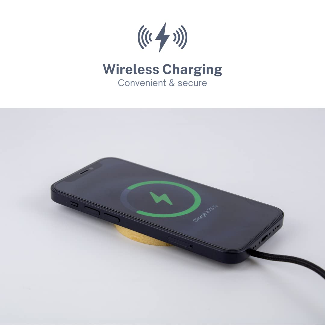 Ładowarka indukcyjna kompatybilna MagSafe, drewno bambusowe i naturalny korek, USB C szybkie ładowanie do 15 W, iPhone Series 12 13, AirPods Pro