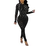 sedmoda Mono sexy de terciopelo bodycon de manga larga de malla transparente patchwork lateral cremallera fiesta club mamelucos, Medium