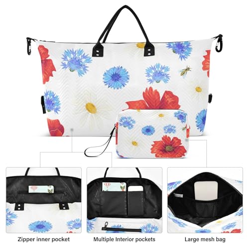 Poppies Daisies and Cornflowers Travel Duffle Bag, Large Weekender Overnight Bags for Women Men Waterproof Carry on Shoulder Tote Bags for Hospital Maternity Mommy Gym with Toiletry Bag2