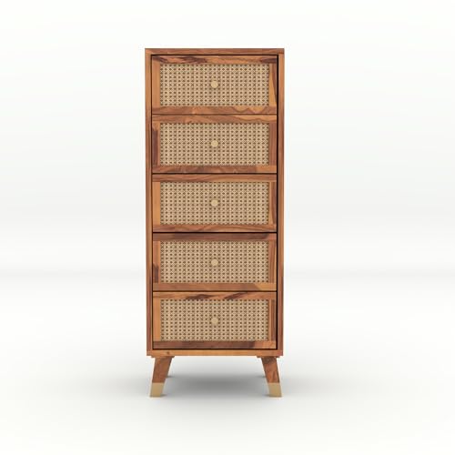 Image of Solid Sheesham Wood 5 Drawer Chest | Rosewood Chest of Drawers with Cane Front | Tall Storage Cabinet for Bedroom & Living Room (Natural Finish)