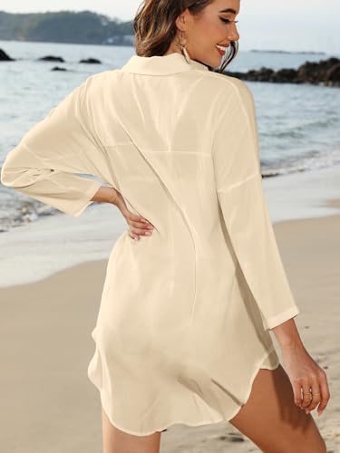 Image of POGTMM Women's Swimsuit Cover Up 3 /4 Sleeve Button Down Shirt Dress