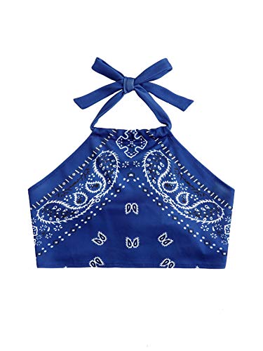 SweatyRocks Women s Vintage Print Halter Neck Crop Top Royal Blue M