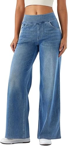 Women Sweatpant Jeans Sweatpants That Look Like Jeans High Waisted Stretchy Pull On Wide Leg Denim Pants with Pocket