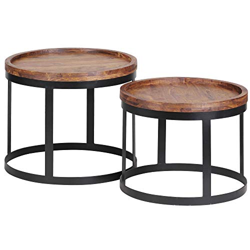 FineBuy Couchtisch 2er Set Sheesham Massivholz rund · Wohnzimmertisch Set mit schwarzem Metallgestell · Handgefertigte Massivholztische im modernen Industrial Design Braun