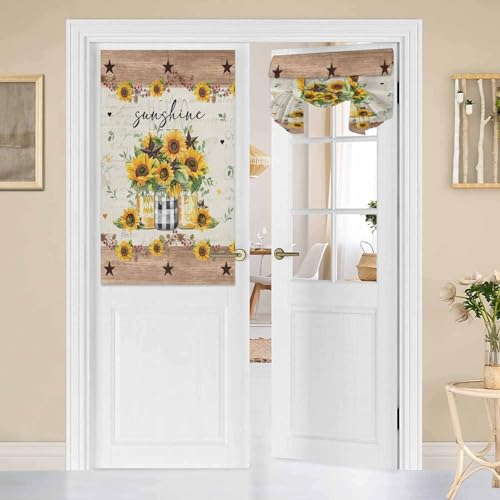 BEMIGO Summer Sunflower Vase French Door Curtains for Windows,Vintage Country Star Front Door Window Curtains for Glass,Privacy Tie Up Blinds Thermal Insulated Shades 26 x 42 Inch