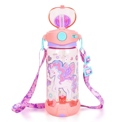 YOYTOO Kids Water Bottle with Straw & Strap for School Kids Girls Boys, 22oz BPA Free Child Drinking Water Bottle One-Click-Open Leak-Proof Locking Flip Lid for Back to School Sport Travel