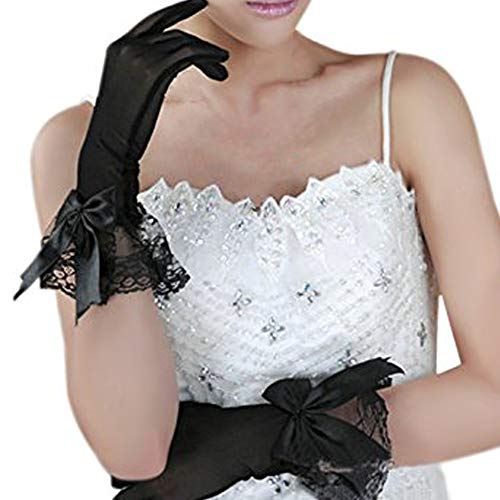 Women Ladies Voile Lace Elastic Net Yarn Party Wedding Bridal Dress Short Gloves,Bowknot Black,One Size