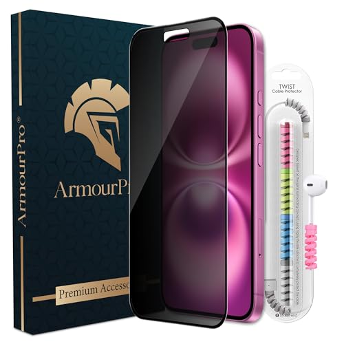 Image of ArmourPro Privacy Tempered Glass for iPhone 16 Plus, iPhone 15 Plus, Anti Spy Anti Peeping Screen Protector, Edge-to-Edge Full Coverage, 9H Hardness with Cable Protector | Black