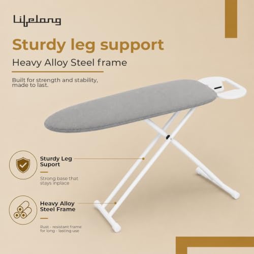 Image of Lifelong Foldable Ironing Board with Steel Frame, Heat-Resistant Cover | Heavy-Duty & Durable Iron Board with Stand | Adjustable Height, Anti-Skid Legs, Portable & Space-Saving Design (Silver & White)