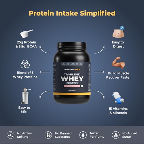 Image of Nutrabay Gold Tri Blend Whey Protein Powder - 1kg, Strawberry Milkshake | 25g Protein, 5.5g BCAA | Concentrate, Isolate, Hydrolyzed Protein | Muscle Growth & Recovery | Gym Supplement for Men & Women