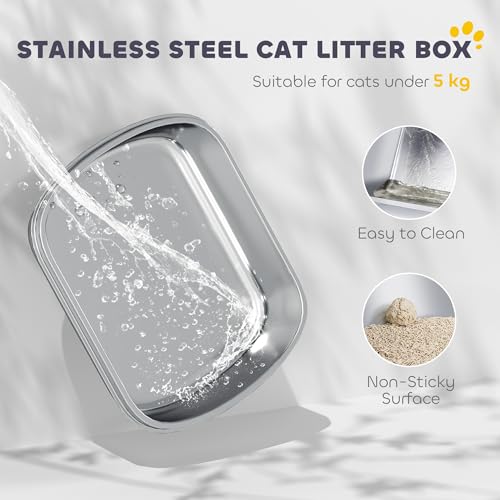 PawHut Stainless Steel Litter Box with Lid, Large Hooded Cat Litter Tray with Flip Cover, Metal Scoop, Deodoriser Bag, Non-Sticky, Odour Control and Easy Clean, White - Image 2
