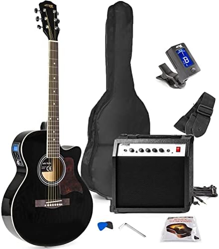 Max ShowKit Electro-Acoustic Guitar Pack, Full Size with 40 Watt Combo Amplifier, Stand, Foot Stool, Steel String Set, Gig Bag, Strap, Picks and Digital Tuner Beginners Kit, Cut Away Black