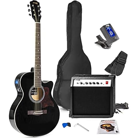 MAX ShowKit Elektro Akustik Gitarre Set mit Verstärker 40 Watt, Gitarrentasche, Gitarrenstimmgerät, Instrumentenkabel, Plektrum und E Akustikgitarre mit Tonabnehmer Schwarz Cover