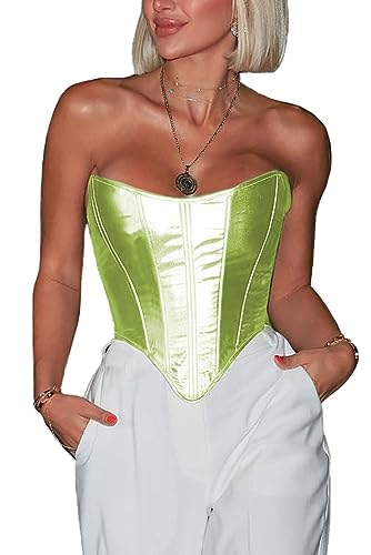 ABMOIU Leather Corset Tops for Women Strapless Lace Up Boned Sweetheart Neck Bodyshaper Bustier Sexy Crop Top Fluorescent Green X-Large