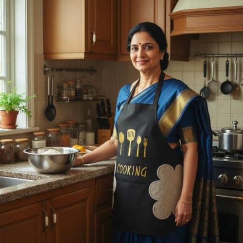 Image of VELVERI 1PACK Waterproof Cooking Apron for Women Men with Big Front Pocket Hand-Wiping Towel | Floral Rabbit Graphic Design | Oil Proof Chef Bib for Home Baking Grilling