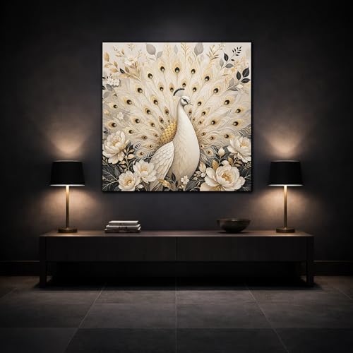 Tableau Paon Blanc et Or de qualité supérieure châssis 3cm - 3