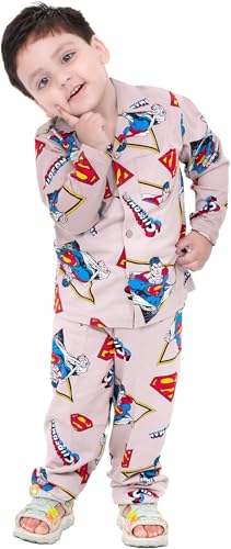 Image of TONY & JONY Summer Casual Wear Self Design Cartoons Printed Full Sleeve 100% Pure Cotton Kid's Top Bottom Set /Night Suit