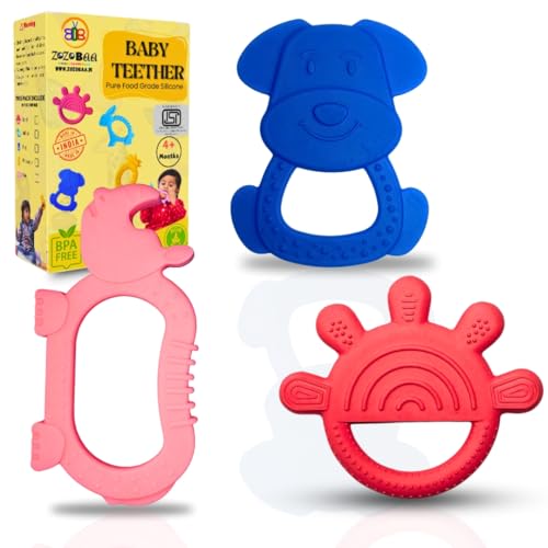 Image of Cute Shape Soft Silicone Teether for Baby Gums, Teething Toys for Babies, BPA Free, Pain-Relief, Non-Toxic, 100% Food Grade, Soothing, Easy to Grasp Chewable - Rhino+Hand+Dog (Pack of 3)