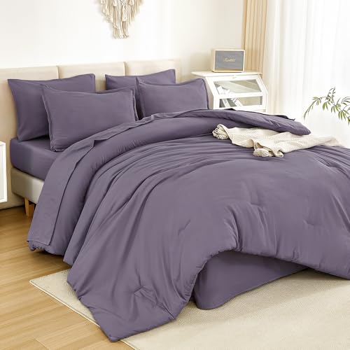 Litanika Queen Comforter Set Grey Purple - 7 Pieces Bed in a Bag Queen Bedding Comforter Sets, Solid Lightweight Bed Set with Comforter, Sheets, Pillowcases & Shams