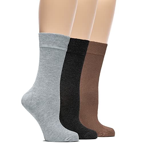 Hugh Ugoli Womens Soft Bamboo Dress Socks, Thin Crew Socks For Business, Trouser & Casual, Non-Binding, 3 Pairs, L Grey/Charcoal/L Brown, Shoe Size: 9-12 #TOP5