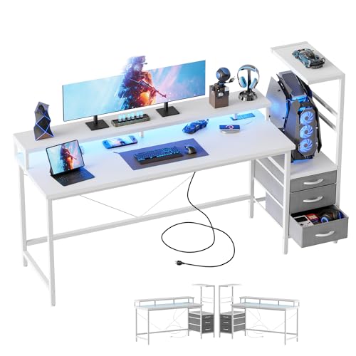 Image of Mericonia 52 inch Gaming Desk with Drawers, Reversible Computer Desk, White