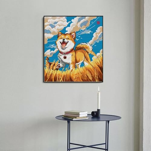 Image of Stamped Cross Stitch Kits Full Range of DIY Needlepoint for Adult Beginners Pattern, for Gift and Home Decor 14CT 2 Strands Happy Shiba Inu,15.7x16.9 inch