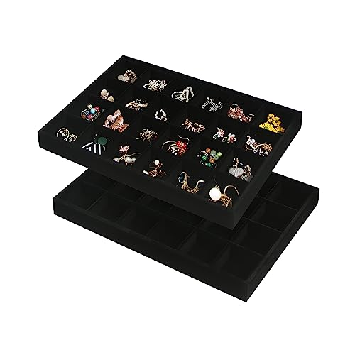Image of Coward 2PC Black Velvet Stackable 24 Gird Jewelry Organizer Tray Necklace Earring Box Storage Drawer Ring Earring Display Holder (24grid+24grid)