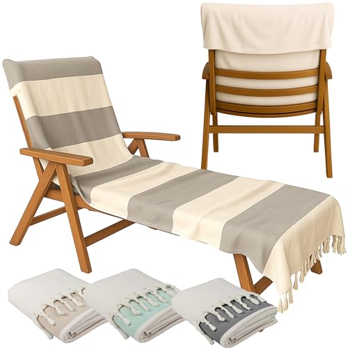CalmyBEACH Toalla para tumbona 200x70 cm   con capucha 100% algodón Funda protectora para tumbona de jardín Toalla de playa con solapa Funda para silla de playa Tumbona de playa (Gris/Natural)