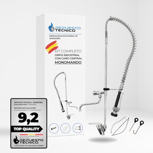 Repuesto Técnico | Grifo Industrial Monomando para Fregadero | Alcachofa Flexible con Palanca Manual + Caño Central | Grifería Profesional de Hostelería con Kit Completo