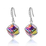 Austrian Crystal Cube Drop Dangle Earrings for Women 14K Gold Plated Hypoallergenic Jewelry (Rainbow/Silver-tone)
