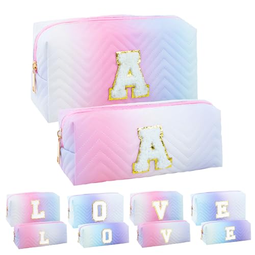 2-Pack Quilted Makeup Bag Set – Cute Cosmetic Pouch for Travel, Toiletries, Purse & Organizer – Large Small Zipper Makeup Bags, Personalized Initial Gift for Women, Teens, Girls, Pink A