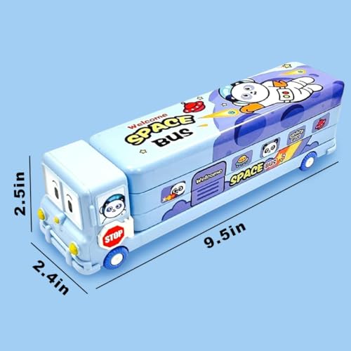 Image of Storio Bus Shape Pencil Box School Bus Metal Geometry Box for Kids Magic Bus with Moving Tyres with 3 Compartments Moving Tyre's & Sharpener Geometry Case for Boys & Girls - Space, Blue
