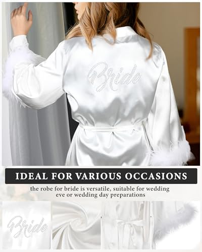 Bride Satin Feather Robe Women Silk Kimono Robe with Ostrich Feather Trim Bridal Sleepwear for Wedding Party3