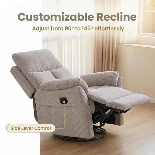 Image of Oversized Rocker Recliner Chair, Manual Swivel Rocking Recliners with Adjustable Backrest Footrest for Adults, 360 Swivel Lazy Boy Recliner Chairs for Living Room, Reading, Bedroom, Beige