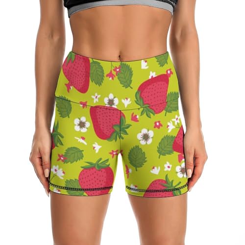 JYYAU Strawberry Flower High Waist Yoga Shorts for Women Athletic Shorts Leggings Running Pants