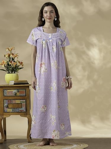 Image of 9shines Label Stylish Chikankari Cotton Nighty Maxi for Women | Full Length Nightgown | Nightdress with Pocket | Embroidery Nighty | Soft Comfortable Cotton Nightwear (1545)