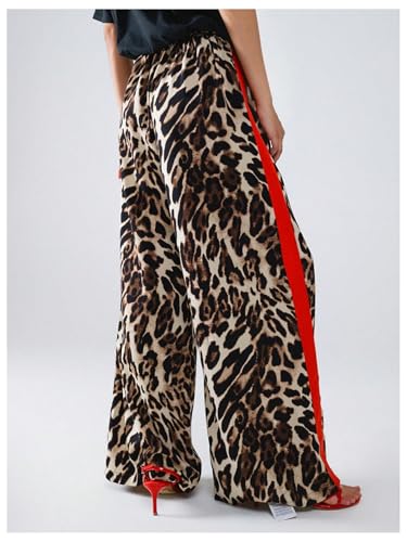 COZYEASE Women's Leopard Print Wide Leg Pants Cheetah Drawstring Waist Color Block Long Trousers3