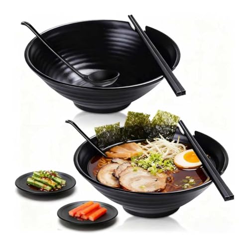 Vivimee Unbreakable Japanese Style Ramen Bowl Set of 2, 37oz Black Large Matte Melamine Bowls and Spoons Set with Chopsticks & Saucers for Pho Thai Miso Udon Soup Noodles or Asian Food